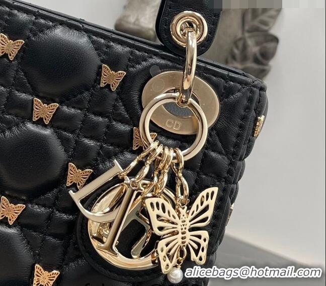 Low Cost Dior Mini Lady Dior Bag in Black Cannage Lambskin with Gold-Finish Butterfly Studs M0505