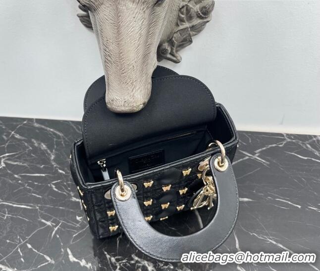 Low Cost Dior Mini Lady Dior Bag in Black Cannage Lambskin with Gold-Finish Butterfly Studs M0505