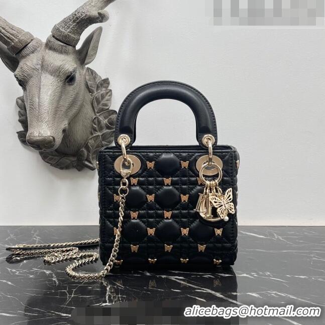 Low Cost Dior Mini Lady Dior Bag in Black Cannage Lambskin with Gold-Finish Butterfly Studs M0505