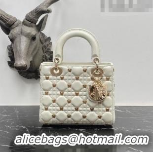 Best Quality Dior Small Lady Dior Bag in White Cannage Lambskin with Gold-Finish Butterfly Studs M0538