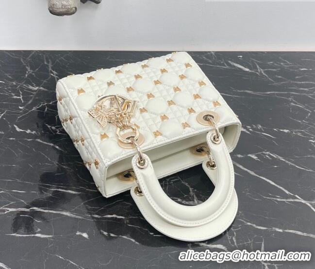 Best Quality Dior Small Lady Dior Bag in White Cannage Lambskin with Gold-Finish Butterfly Studs M0538