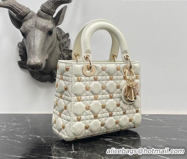 Best Quality Dior Small Lady Dior Bag in White Cannage Lambskin with Gold-Finish Butterfly Studs M0538