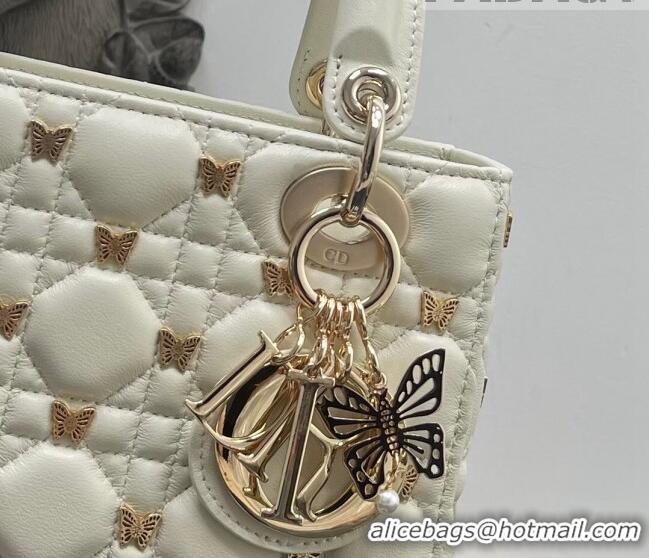 Best Quality Dior Small Lady Dior Bag in White Cannage Lambskin with Gold-Finish Butterfly Studs M0538