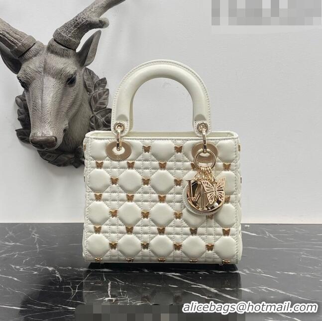 Best Quality Dior Small Lady Dior Bag in White Cannage Lambskin with Gold-Finish Butterfly Studs M0538