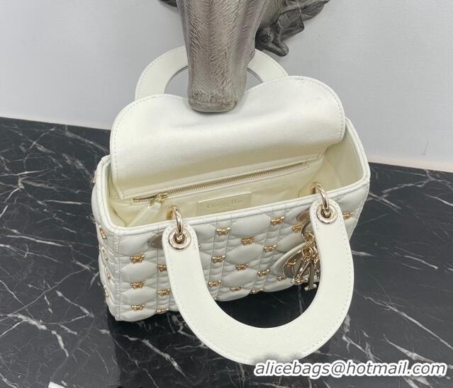 Best Quality Dior Small Lady Dior Bag in White Cannage Lambskin with Gold-Finish Butterfly Studs M0538