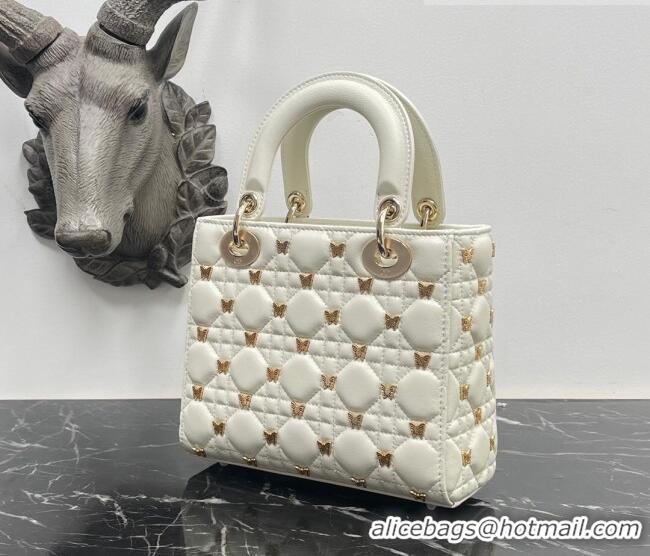 Best Quality Dior Small Lady Dior Bag in White Cannage Lambskin with Gold-Finish Butterfly Studs M0538