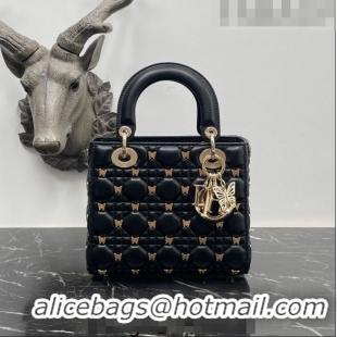 Top Quality Dior Small Lady Dior Bag in Black Cannage Lambskin with Gold-Finish Butterfly Studs M0538