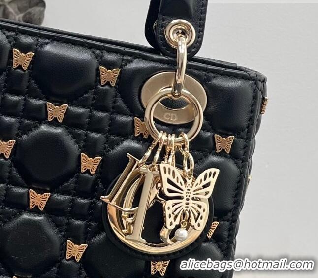 Top Quality Dior Small Lady Dior Bag in Black Cannage Lambskin with Gold-Finish Butterfly Studs M0538