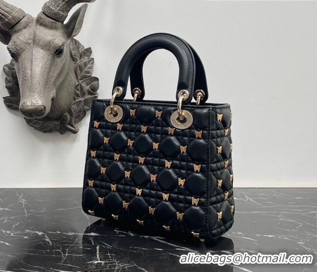 Top Quality Dior Small Lady Dior Bag in Black Cannage Lambskin with Gold-Finish Butterfly Studs M0538