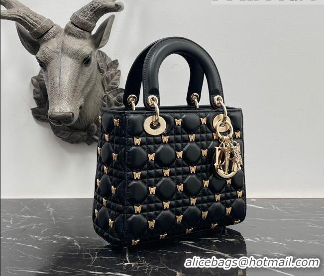 Top Quality Dior Small Lady Dior Bag in Black Cannage Lambskin with Gold-Finish Butterfly Studs M0538