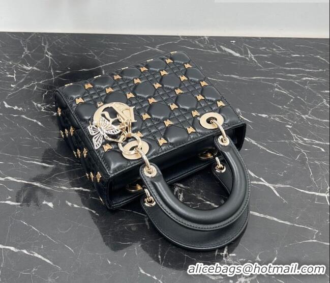 Top Quality Dior Small Lady Dior Bag in Black Cannage Lambskin with Gold-Finish Butterfly Studs M0538