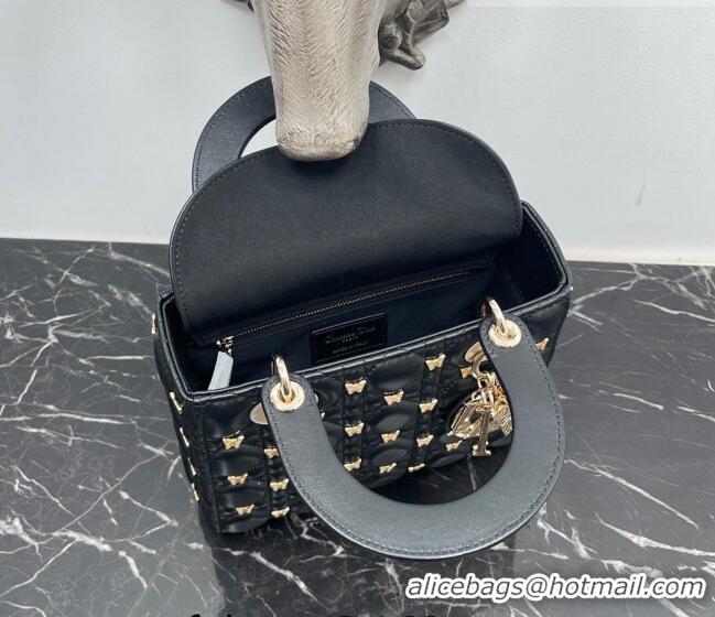 Top Quality Dior Small Lady Dior Bag in Black Cannage Lambskin with Gold-Finish Butterfly Studs M0538