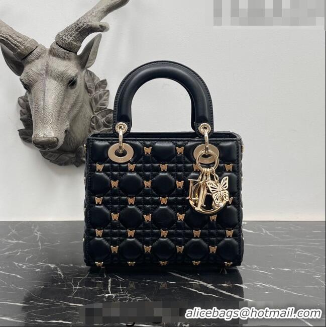 Top Quality Dior Small Lady Dior Bag in Black Cannage Lambskin with Gold-Finish Butterfly Studs M0538