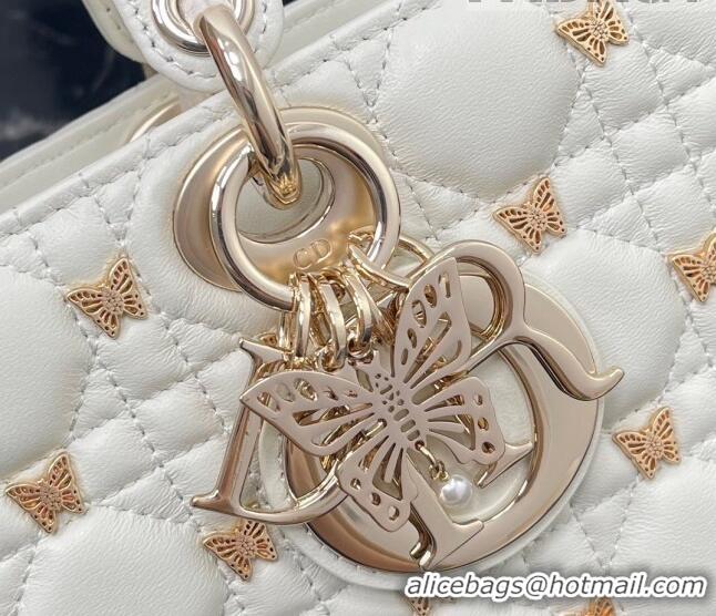 Promotional Dior Medium Lady D-Joy Bag in White Cannage Lambskin with Gold-Finish Butterfly Studs M0540