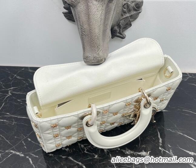 Promotional Dior Medium Lady D-Joy Bag in White Cannage Lambskin with Gold-Finish Butterfly Studs M0540