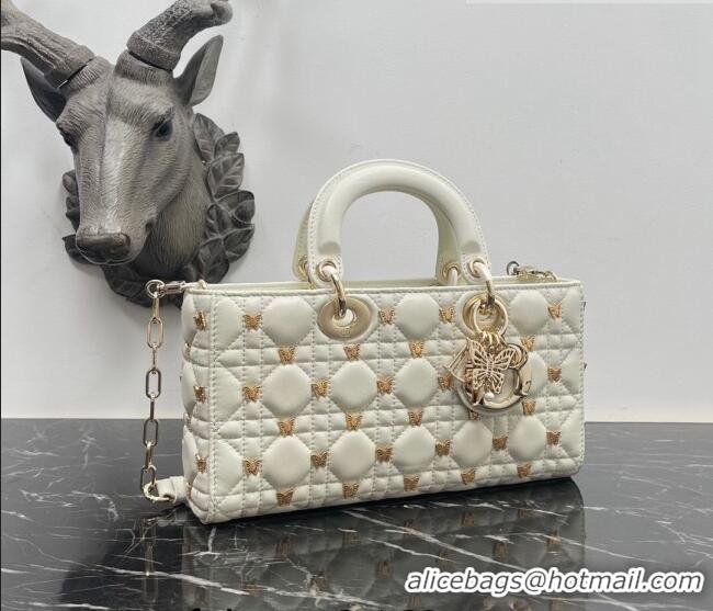 Promotional Dior Medium Lady D-Joy Bag in White Cannage Lambskin with Gold-Finish Butterfly Studs M0540