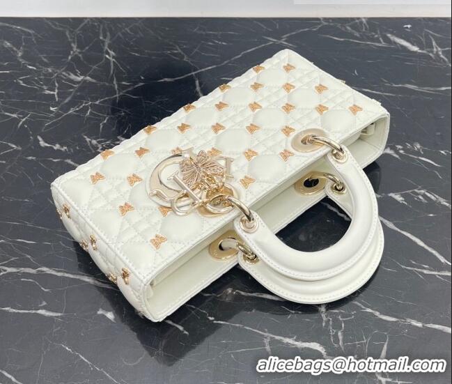 Promotional Dior Medium Lady D-Joy Bag in White Cannage Lambskin with Gold-Finish Butterfly Studs M0540