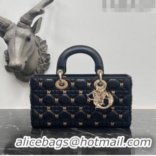 Inexpensive Dior Medium Lady D-Joy Bag in Black Cannage Lambskin with Gold-Finish Butterfly Studs M0540