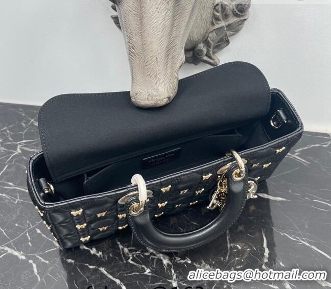 Inexpensive Dior Medium Lady D-Joy Bag in Black Cannage Lambskin with Gold-Finish Butterfly Studs M0540