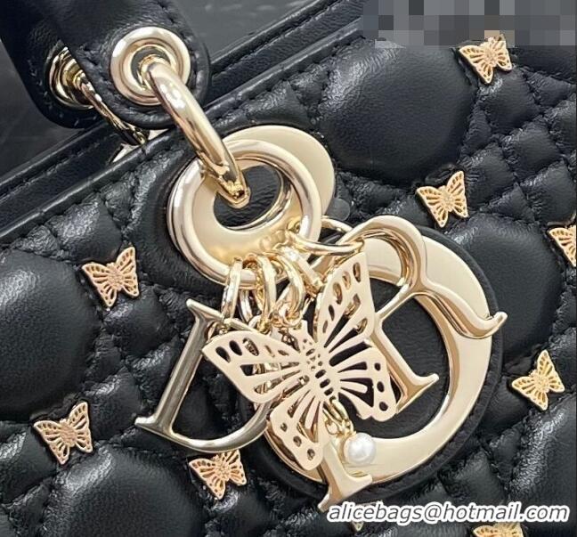 Inexpensive Dior Medium Lady D-Joy Bag in Black Cannage Lambskin with Gold-Finish Butterfly Studs M0540