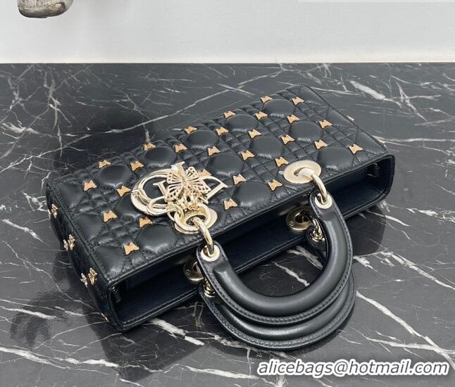 Inexpensive Dior Medium Lady D-Joy Bag in Black Cannage Lambskin with Gold-Finish Butterfly Studs M0540