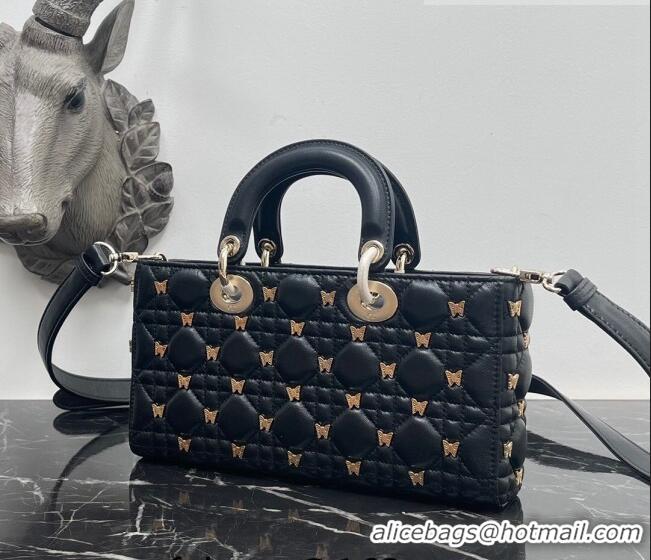 Inexpensive Dior Medium Lady D-Joy Bag in Black Cannage Lambskin with Gold-Finish Butterfly Studs M0540