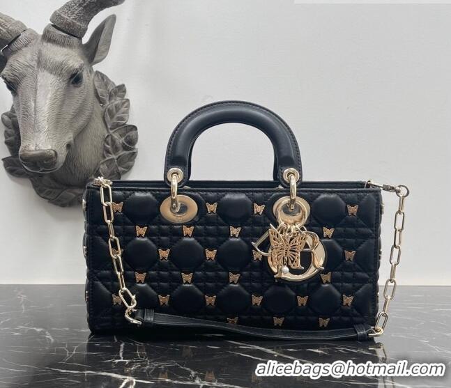 Inexpensive Dior Medium Lady D-Joy Bag in Black Cannage Lambskin with Gold-Finish Butterfly Studs M0540