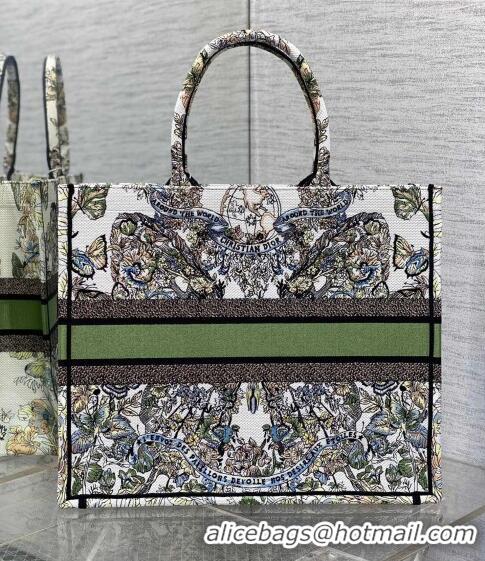 Promotional Dior Large Book Tote Bag in White and Green Butterfly Around The World Embroidery CD5032