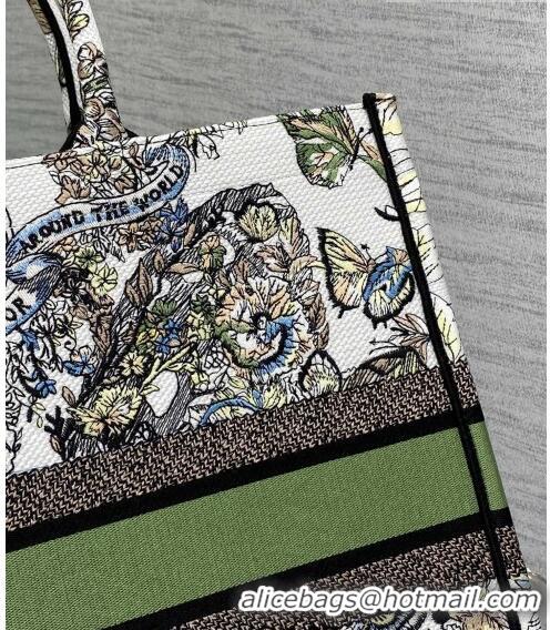 Promotional Dior Large Book Tote Bag in White and Green Butterfly Around The World Embroidery CD5032