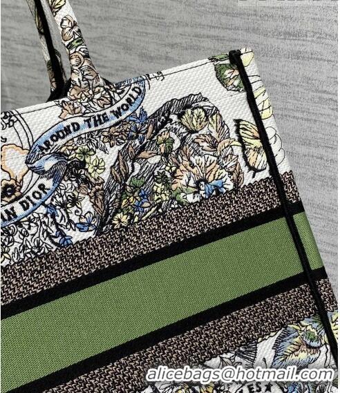 Promotional Dior Medium Book Tote Bag in White and Green Butterfly Around The World Embroidery CD5033