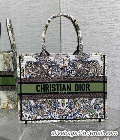 Promotional Dior Medium Book Tote Bag in White and Green Butterfly Around The World Embroidery CD5033