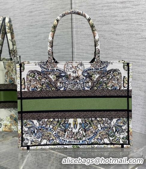 Promotional Dior Medium Book Tote Bag in White and Green Butterfly Around The World Embroidery CD5033