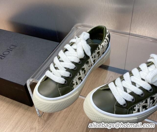 Buy Luxury Dior B33 Low-top Sneakers in Khaki Green Smooth Calfskin and Oblique Raised Embroidery 103087