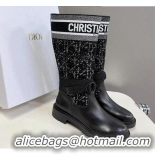 Low Price Dior D-Major High Boots in Black Calfskin with Black and White Cannage Tweed 1103102