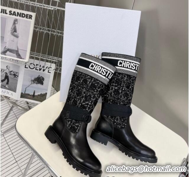 Low Price Dior D-Major High Boots in Black Calfskin with Black and White Cannage Tweed 1103102