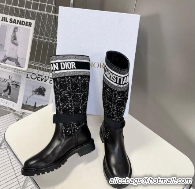 Low Price Dior D-Major High Boots in Black Calfskin with Black and White Cannage Tweed 1103102