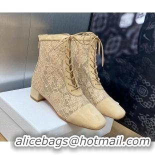 Most Popular Dior Naughtily-D Ankle Boots 3.5cm in Transparent Mesh and Sand-Colored Suede Embroidered with Dior Roses M