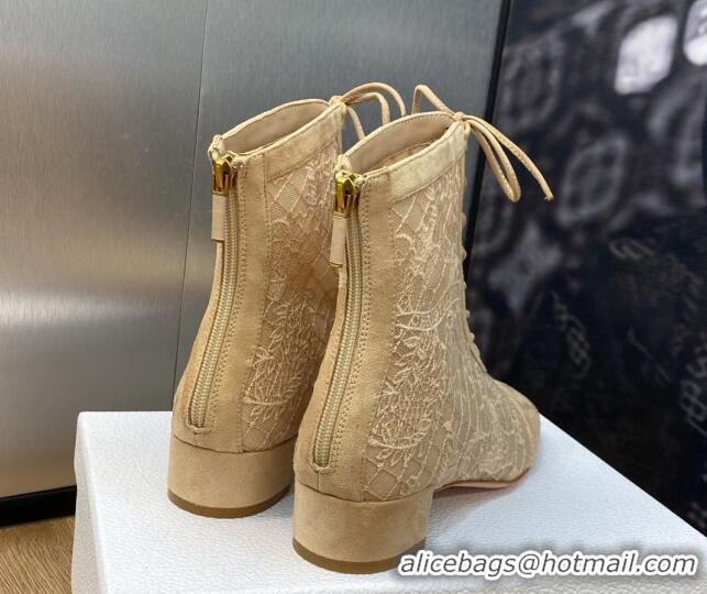 Most Popular Dior Naughtily-D Ankle Boots 3.5cm in Transparent Mesh and Sand-Colored Suede Embroidered with Dior Roses M