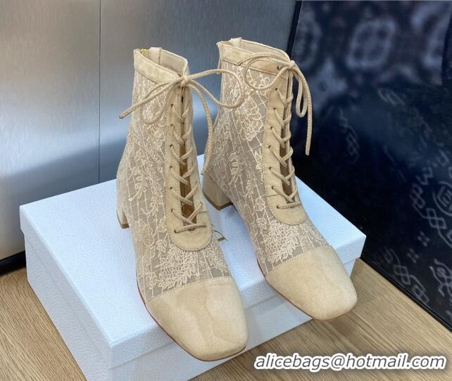 Most Popular Dior Naughtily-D Ankle Boots 3.5cm in Transparent Mesh and Sand-Colored Suede Embroidered with Dior Roses M