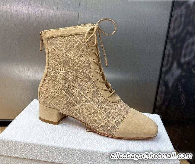 Most Popular Dior Naughtily-D Ankle Boots 3.5cm in Transparent Mesh and Sand-Colored Suede Embroidered with Dior Roses M