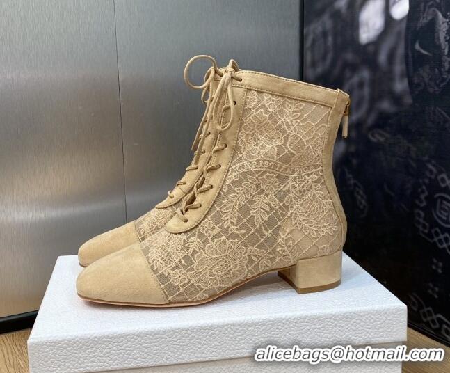 Most Popular Dior Naughtily-D Ankle Boots 3.5cm in Transparent Mesh and Sand-Colored Suede Embroidered with Dior Roses M