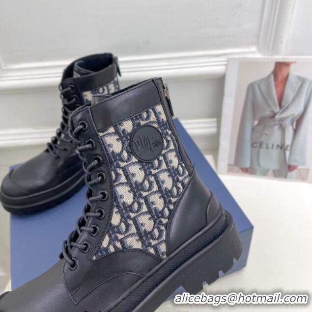 Best Quality Dior Explorer Lace-up Ankle Boots in Black Smooth Calfskin and Beige Oblique Jacquard 121086