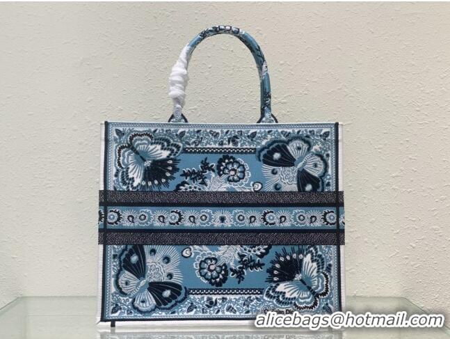 Famous Brand Dior Large Book Tote Bag in Denim Blue Butterfly Bandana Embroidery CD9059