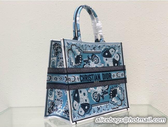 Famous Brand Dior Large Book Tote Bag in Denim Blue Butterfly Bandana Embroidery CD9059