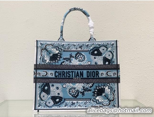 Famous Brand Dior Large Book Tote Bag in Denim Blue Butterfly Bandana Embroidery CD9059