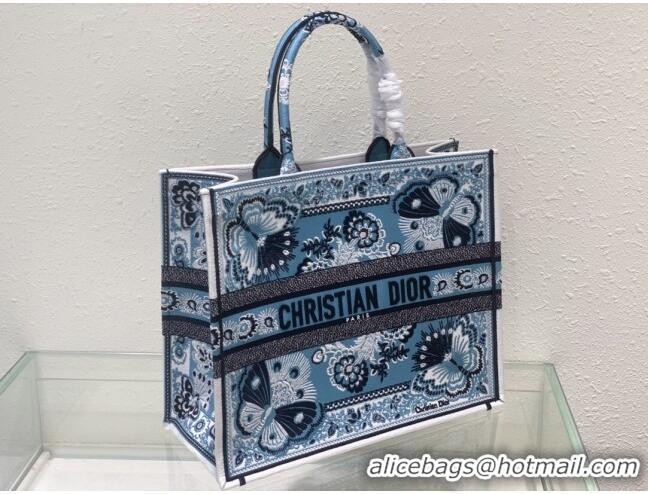 Famous Brand Dior Large Book Tote Bag in Denim Blue Butterfly Bandana Embroidery CD9059