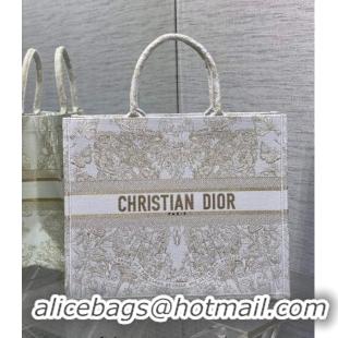 Well Crafted Dior Large Book Tote Bag in Gold-Tone and White Butterfly Around The World Embroidery CD9062