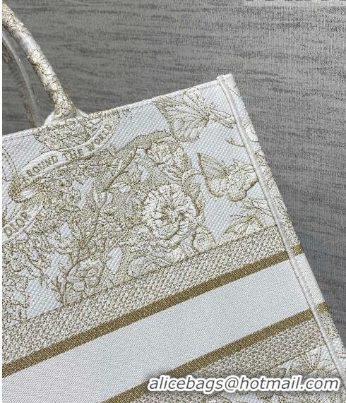 Well Crafted Dior Large Book Tote Bag in Gold-Tone and White Butterfly Around The World Embroidery CD9062