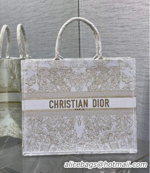 Well Crafted Dior Large Book Tote Bag in Gold-Tone and White Butterfly Around The World Embroidery CD9062