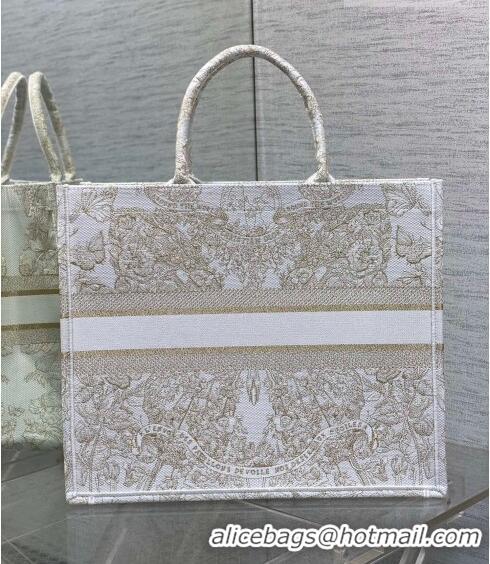 Well Crafted Dior Large Book Tote Bag in Gold-Tone and White Butterfly Around The World Embroidery CD9062